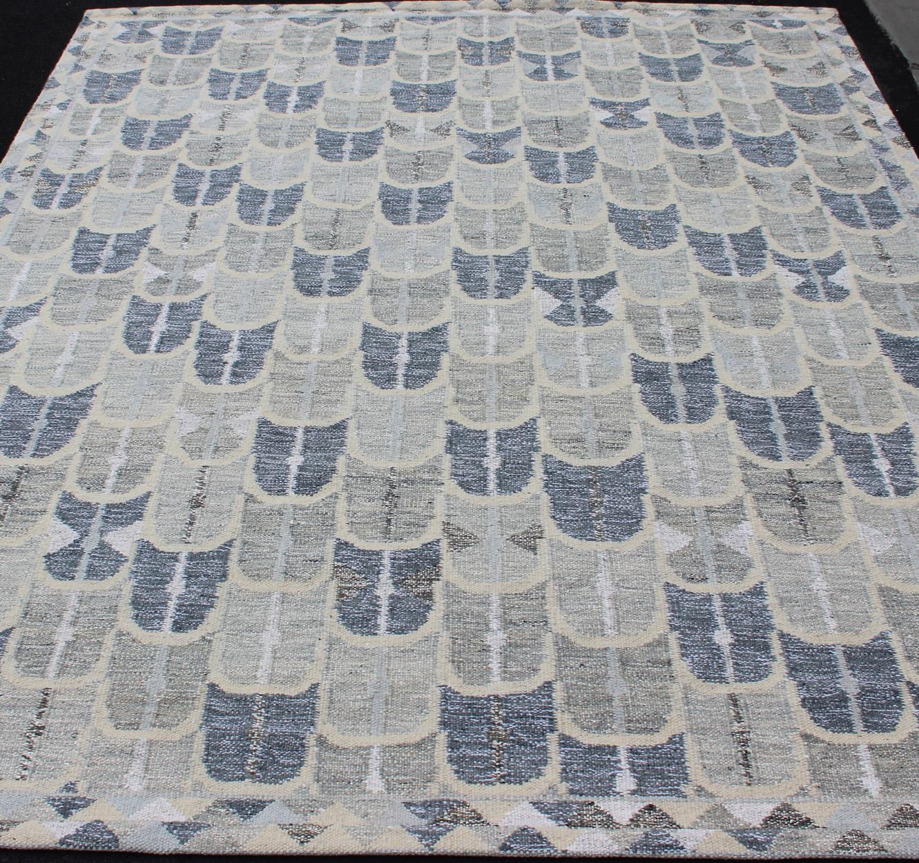 Wool Contemporary Scandinavian Design Flat-Weave Rug in Blue, Cream and Grays
