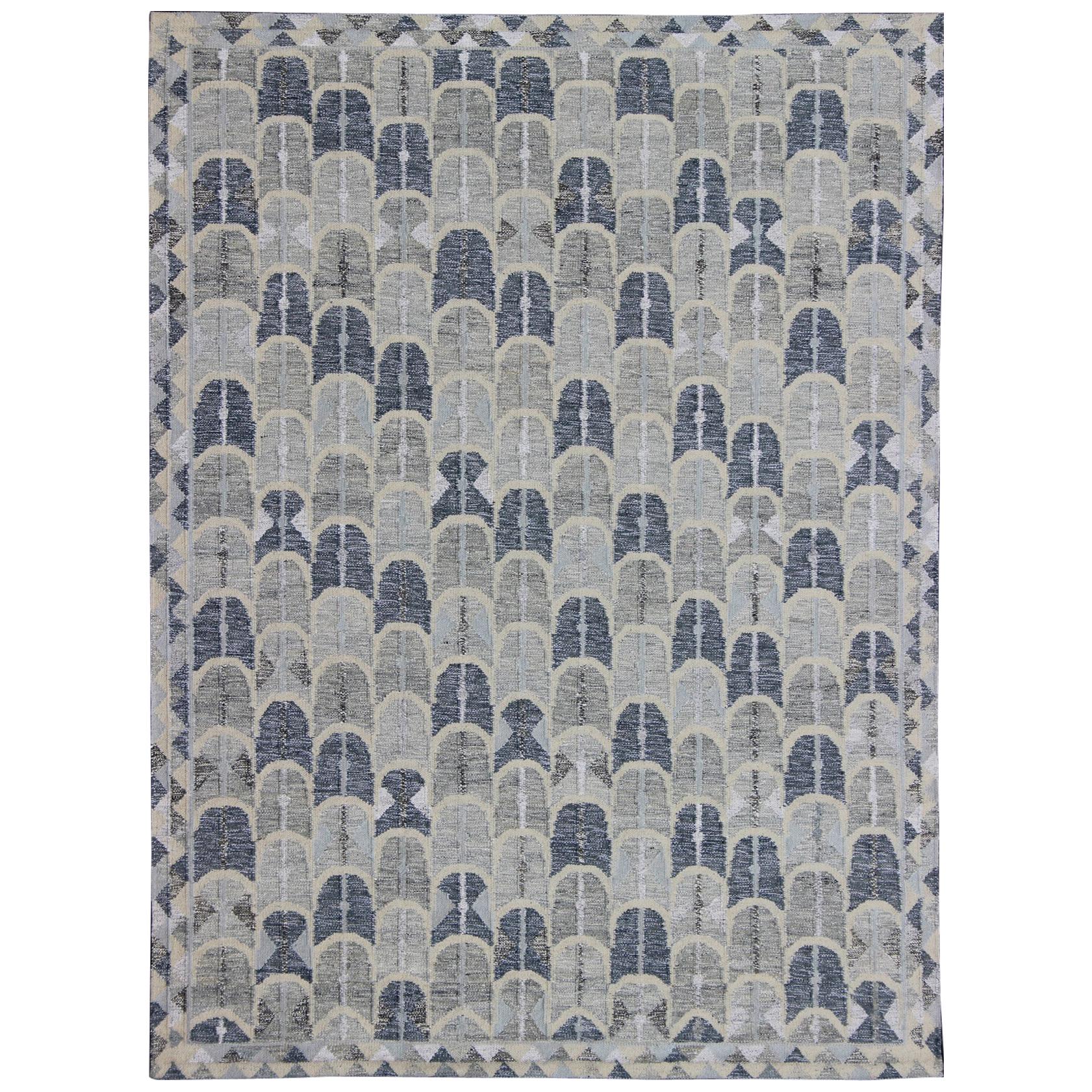 Contemporary Scandinavian Design Flat-Weave Rug in Blue, Cream and Grays