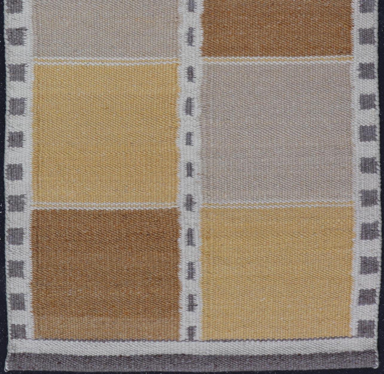 Contemporary Scandinavian Flat Weave Rug in Modern Swedish Design Yellow. Keivan Woven Arts rug # RJK-24157-SHB-020-NU, Scandinavian flat weave. 21st Century Modern Kilim. 
Measures: 2'11 x 5'1 
This Scandinavian/Swedish flat-weave is inspired by