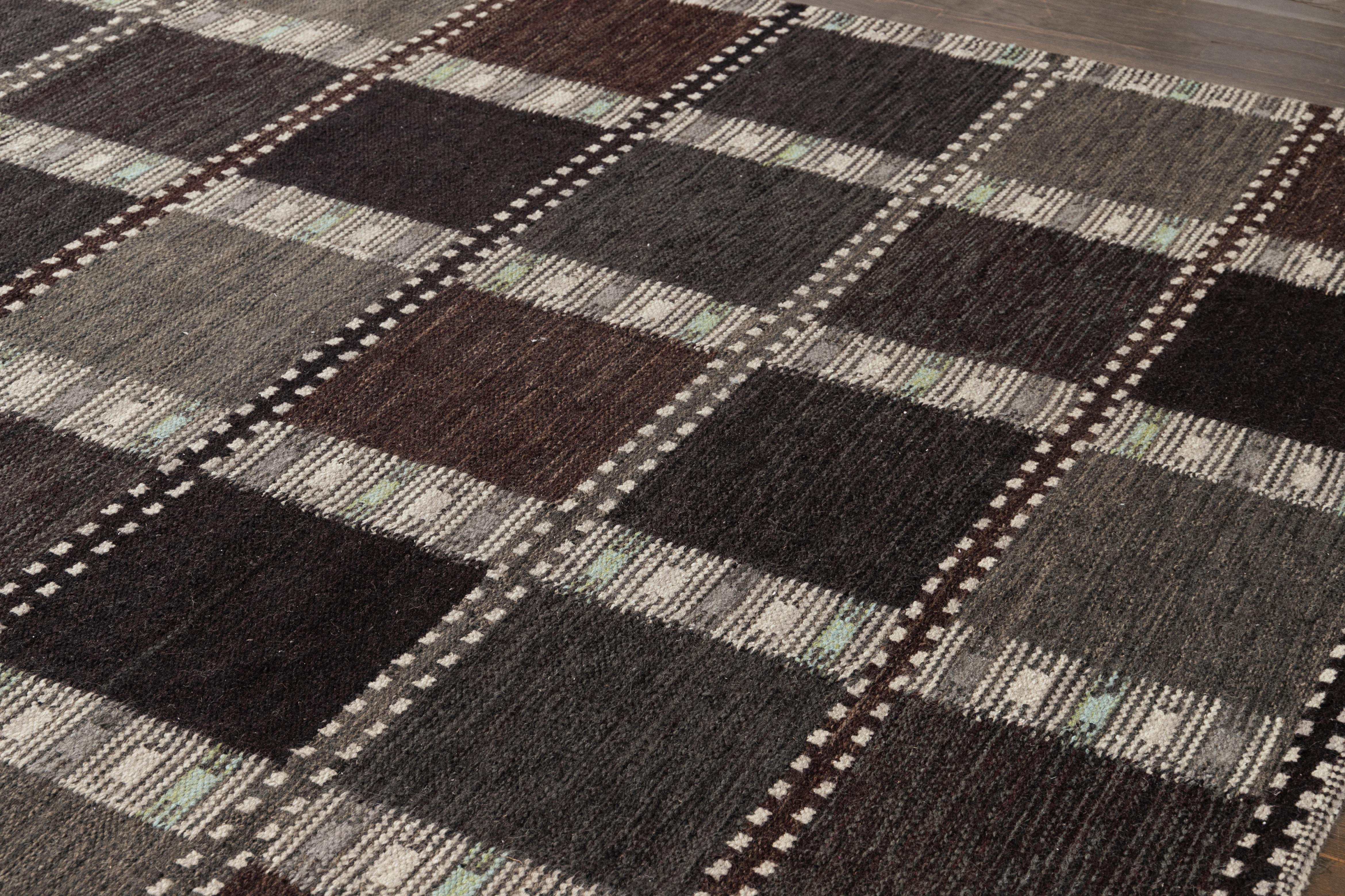 Indiano Tappeto scandinavo contemporaneo in lana a trama piatta con motivo geometrico color terra in vendita