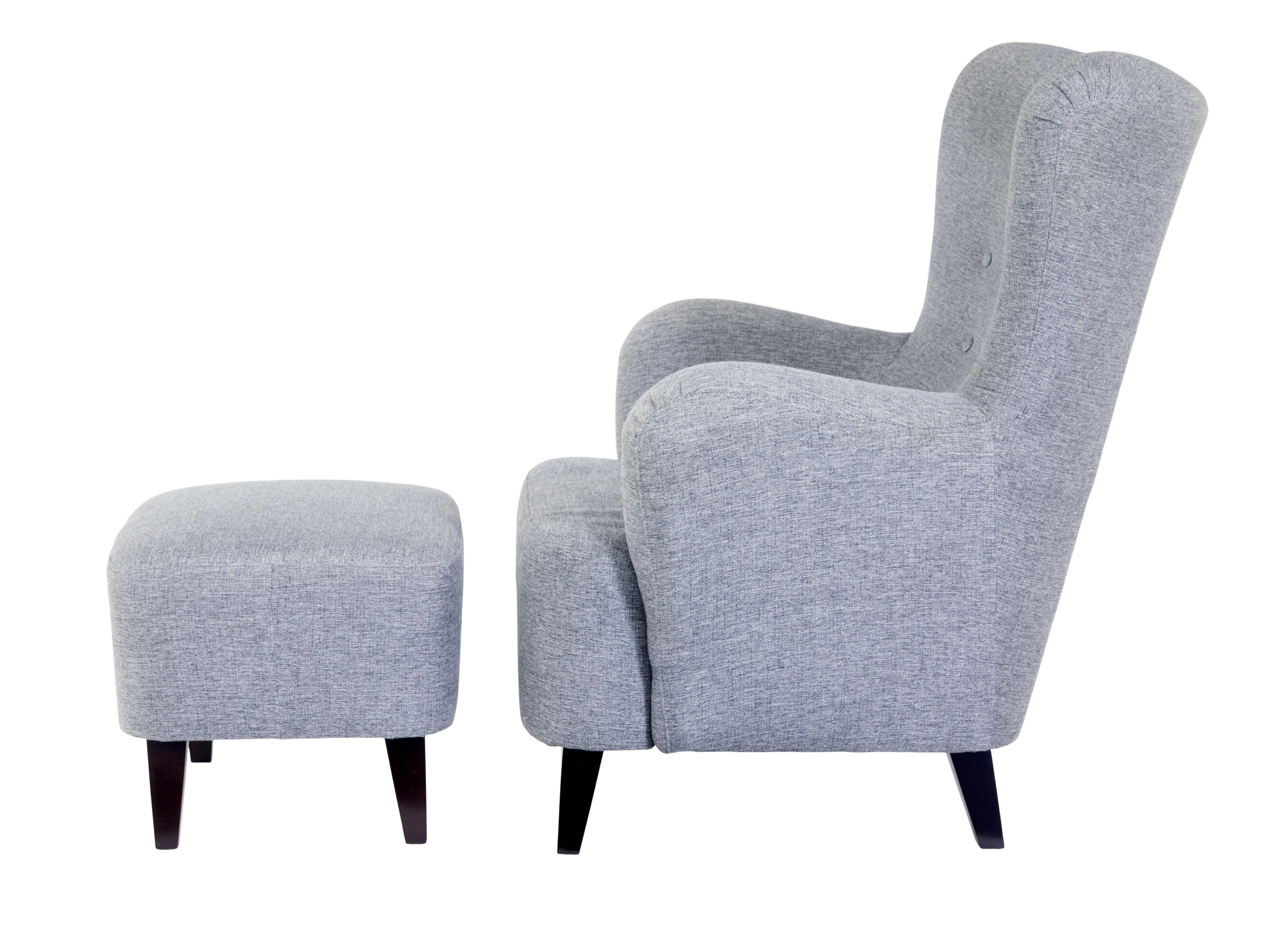 Contemporary Scandinavian grace armchair with stool circa 2004.

Elegant piece of Scandinavian design. Shaped wing back head rest, with buttoned detailing.  Scrolled arms complete a comfortable seating experience.  Complete with matching stool, all