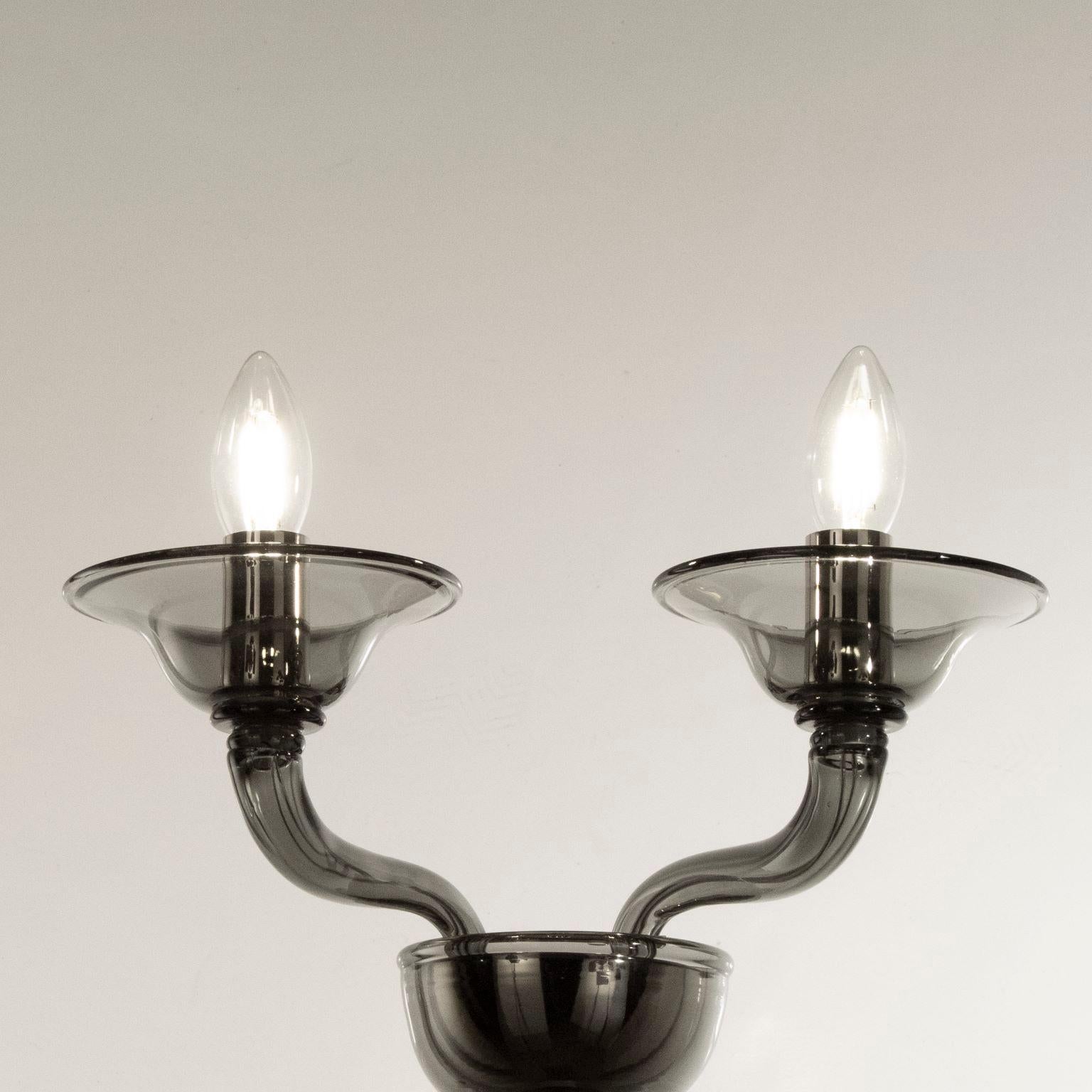 Blown Glass Contemporary Sconce 2 Arms Smooth Dark Grey Murano Glass by Multiforme in stock For Sale