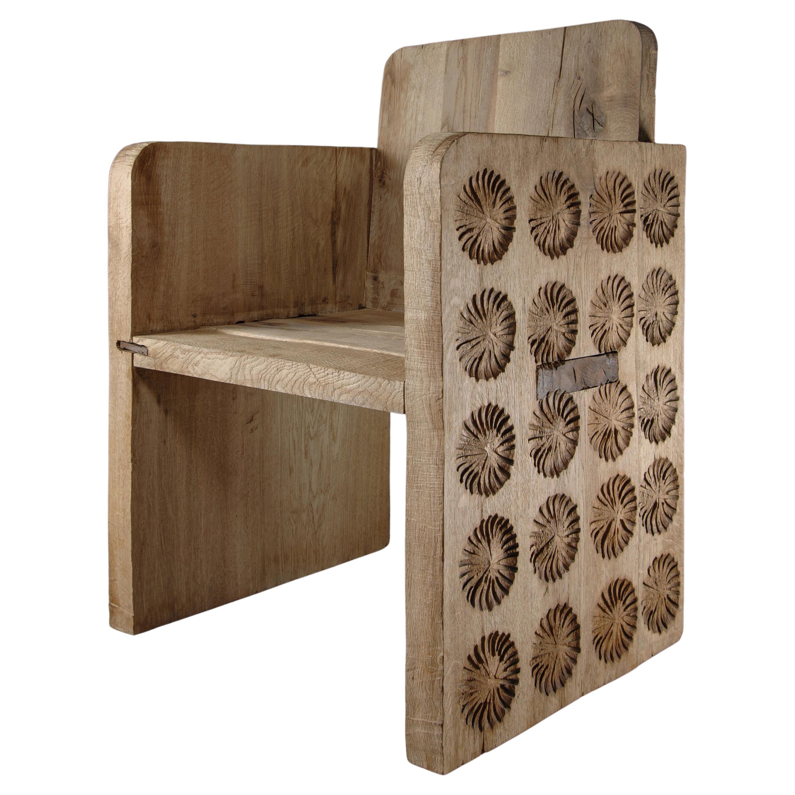 Contemporary Sculpted Armchair, Flowers Pattern, Solid Oak Wood, Light