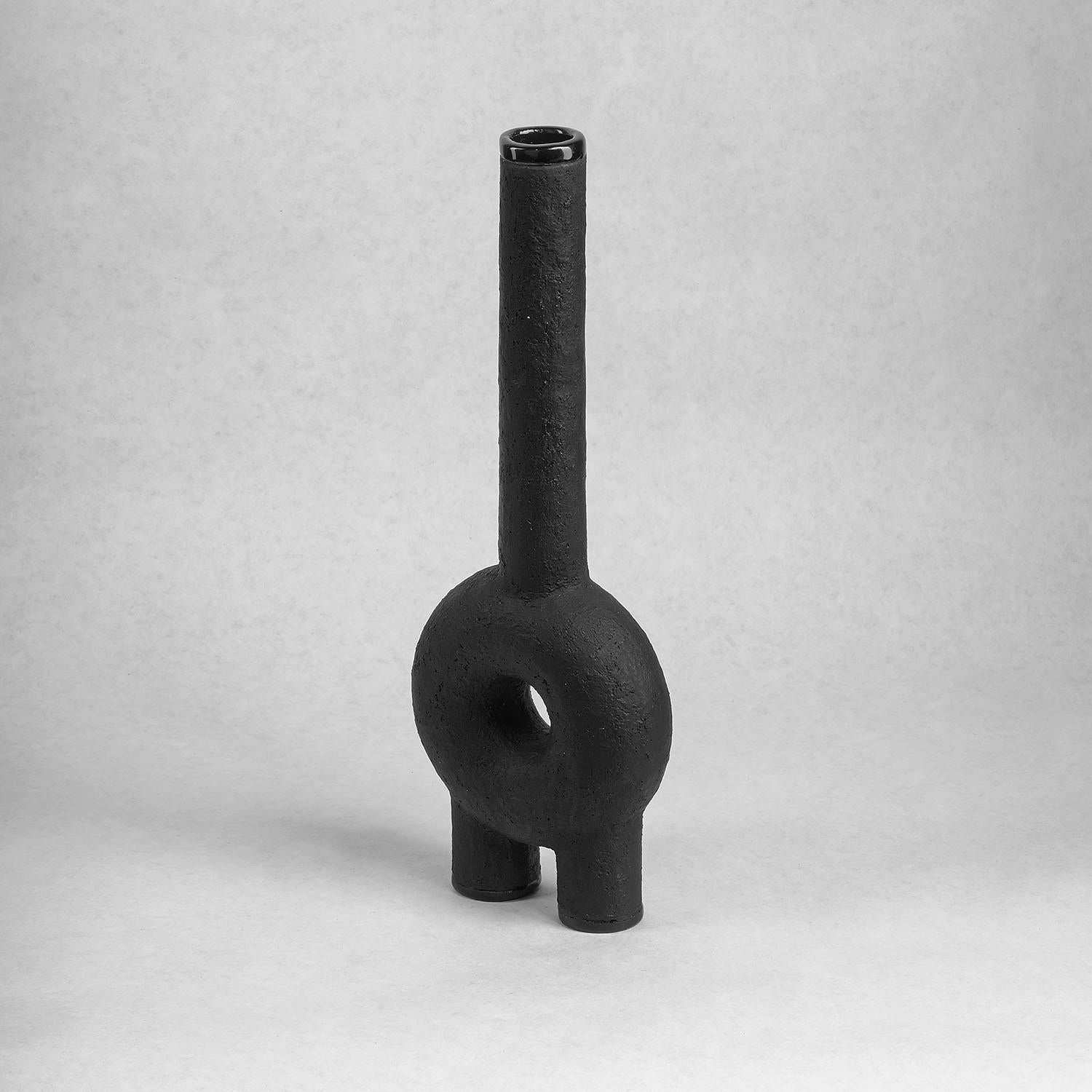 Modern Contemporary Sculpted Black Ceramic Vase, Kumanec Long Neck Vase by Faina For Sale
