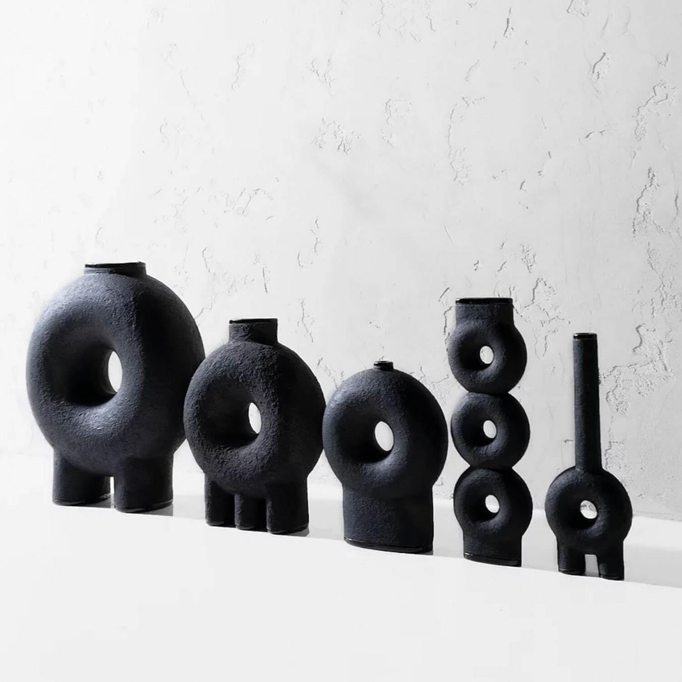 Contemporary Sculpted Black Ceramic Vase, Kumanec Long Neck Vase by Faina For Sale 1