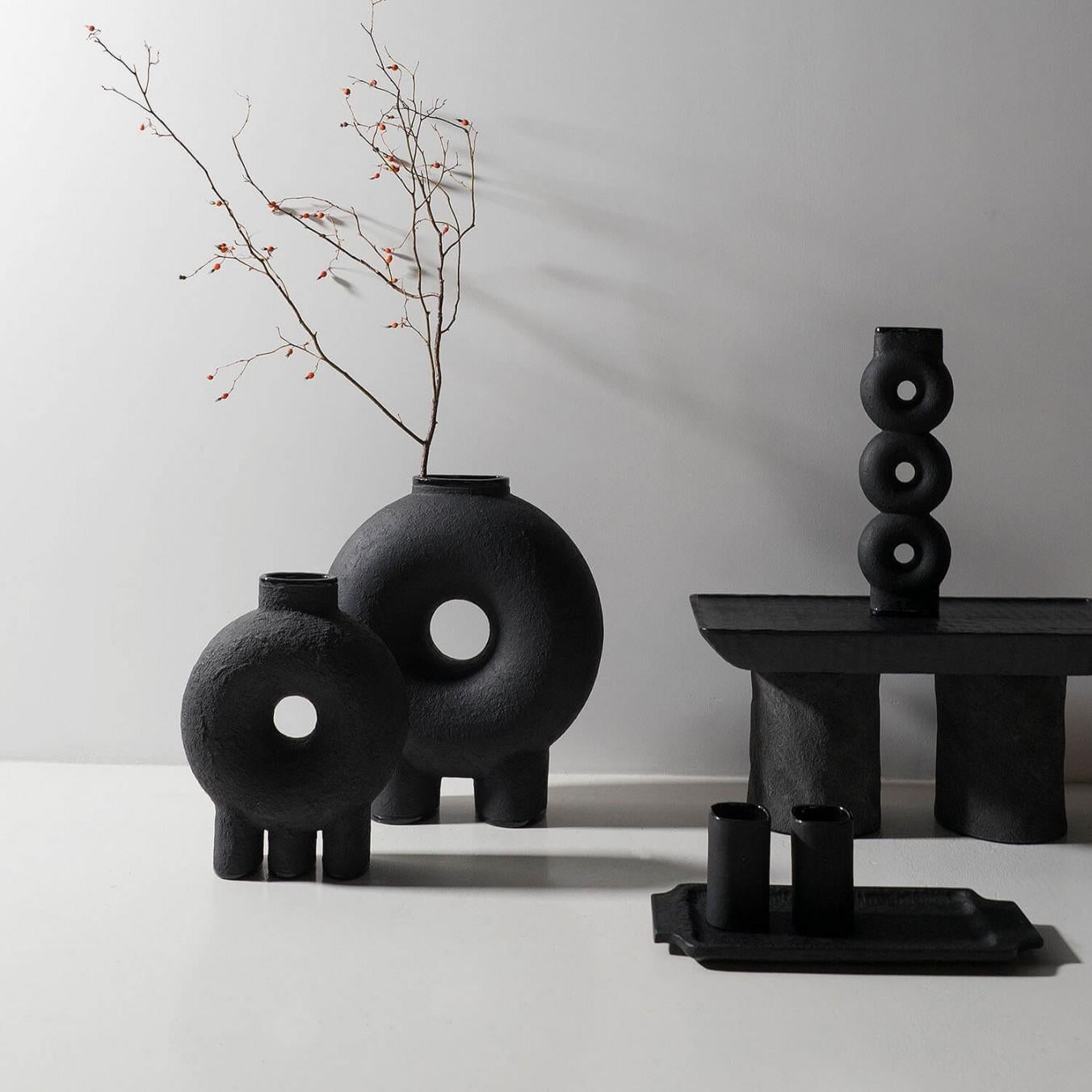 Contemporary Black Sculpted Black Ceramic Vase, Kumanec Two Leg Vase by Faina In New Condition For Sale In Warsaw, PL