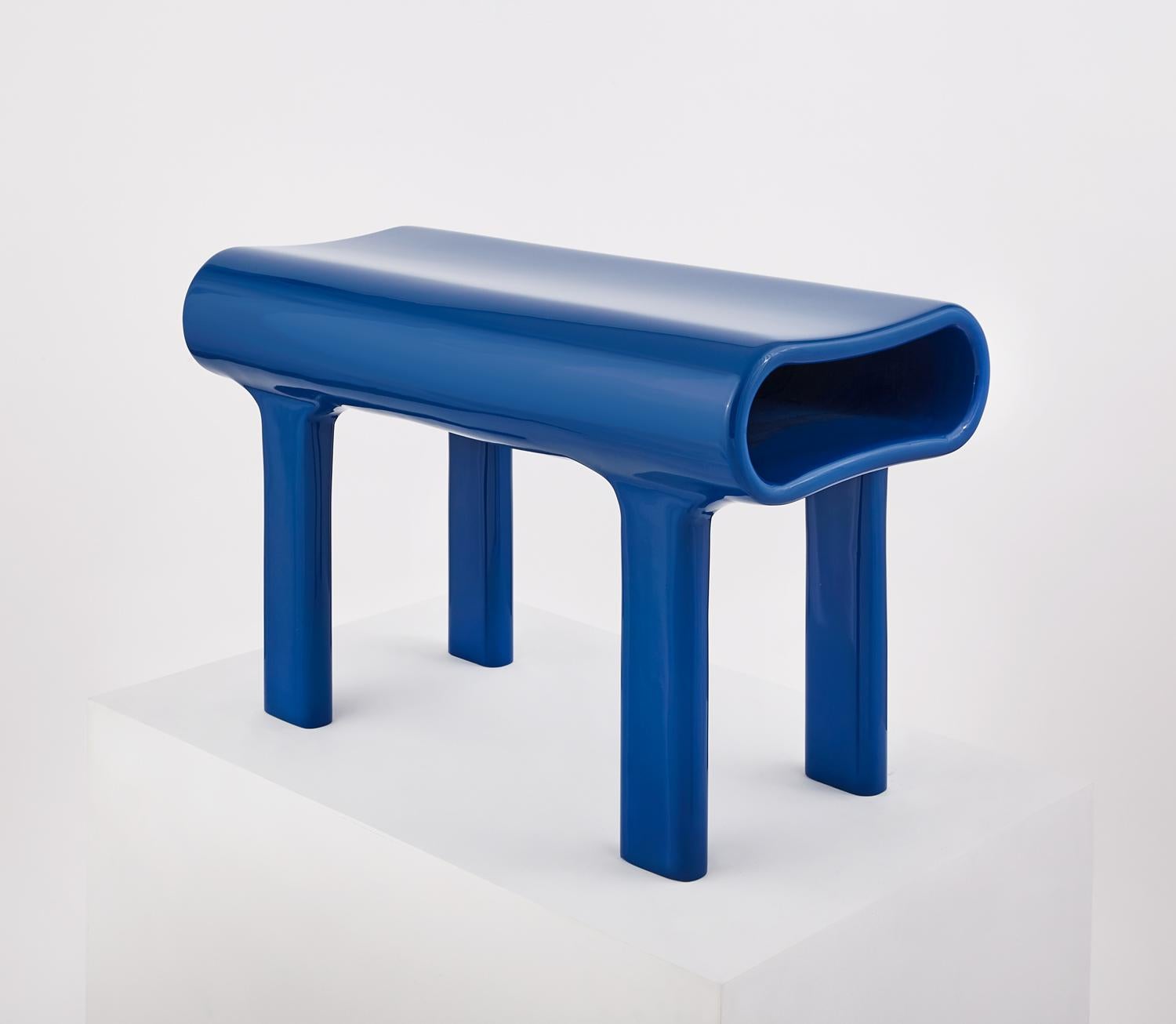 Minimalist Contemporary Sculpted Blue Wood Bench with Acrylic Finish For Sale