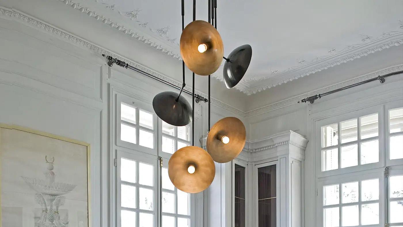 Contemporary Sculpted Brass Pendant, Tango Five Dome by Paul Matter

Tango is born from playful experimentation with vintage lighting components.
Burnt, aged brass and etched glass are combined to create lighting fixtures that fuse sculptural form