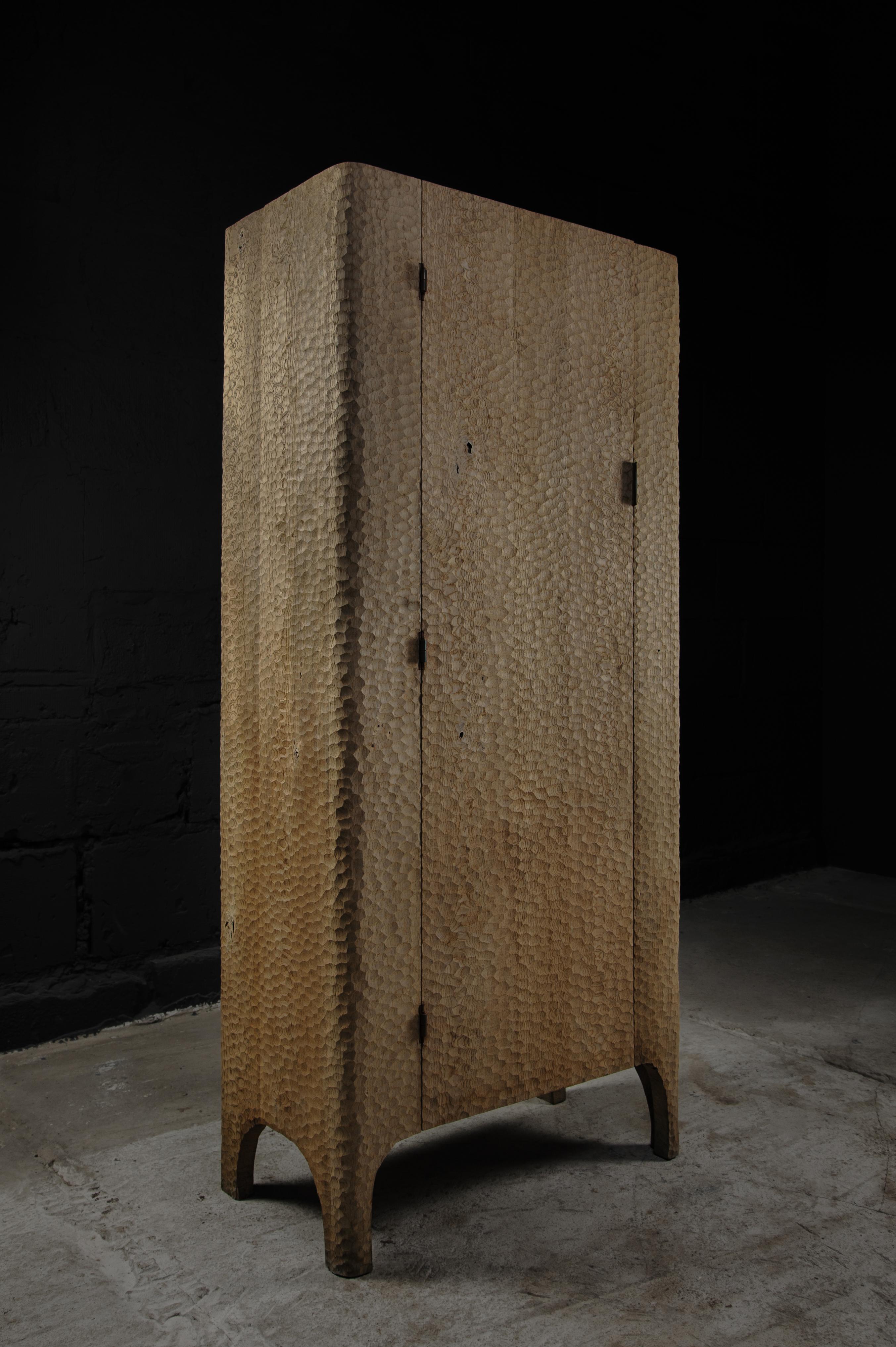 Brutalist Contemporary Sculpted Cabinet / Wardrobe in Solid Light Oak For Sale