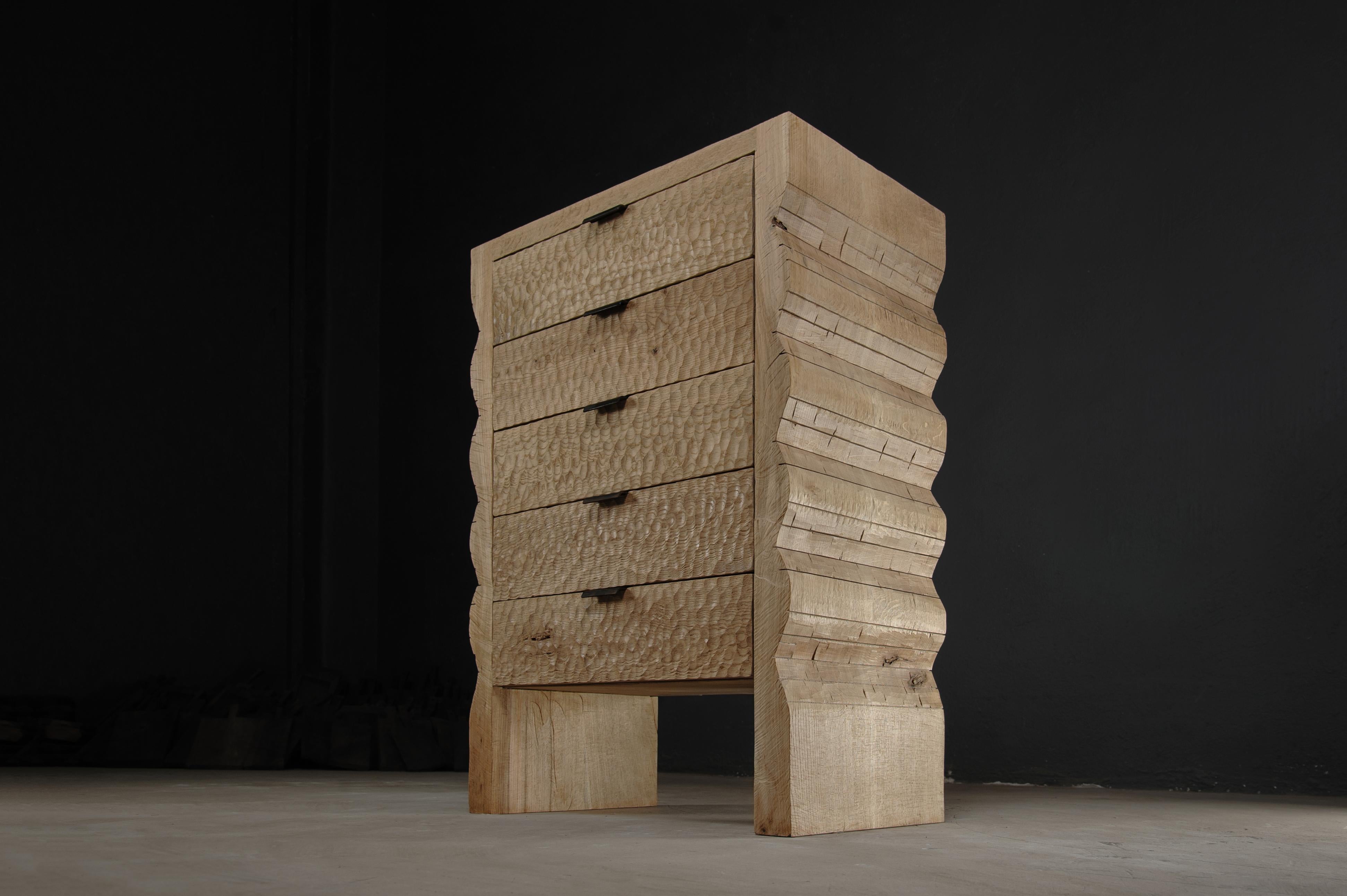 Brutalist Contemporary Sculpted Chest of Drawers by Soha Concept, Solid Oak For Sale