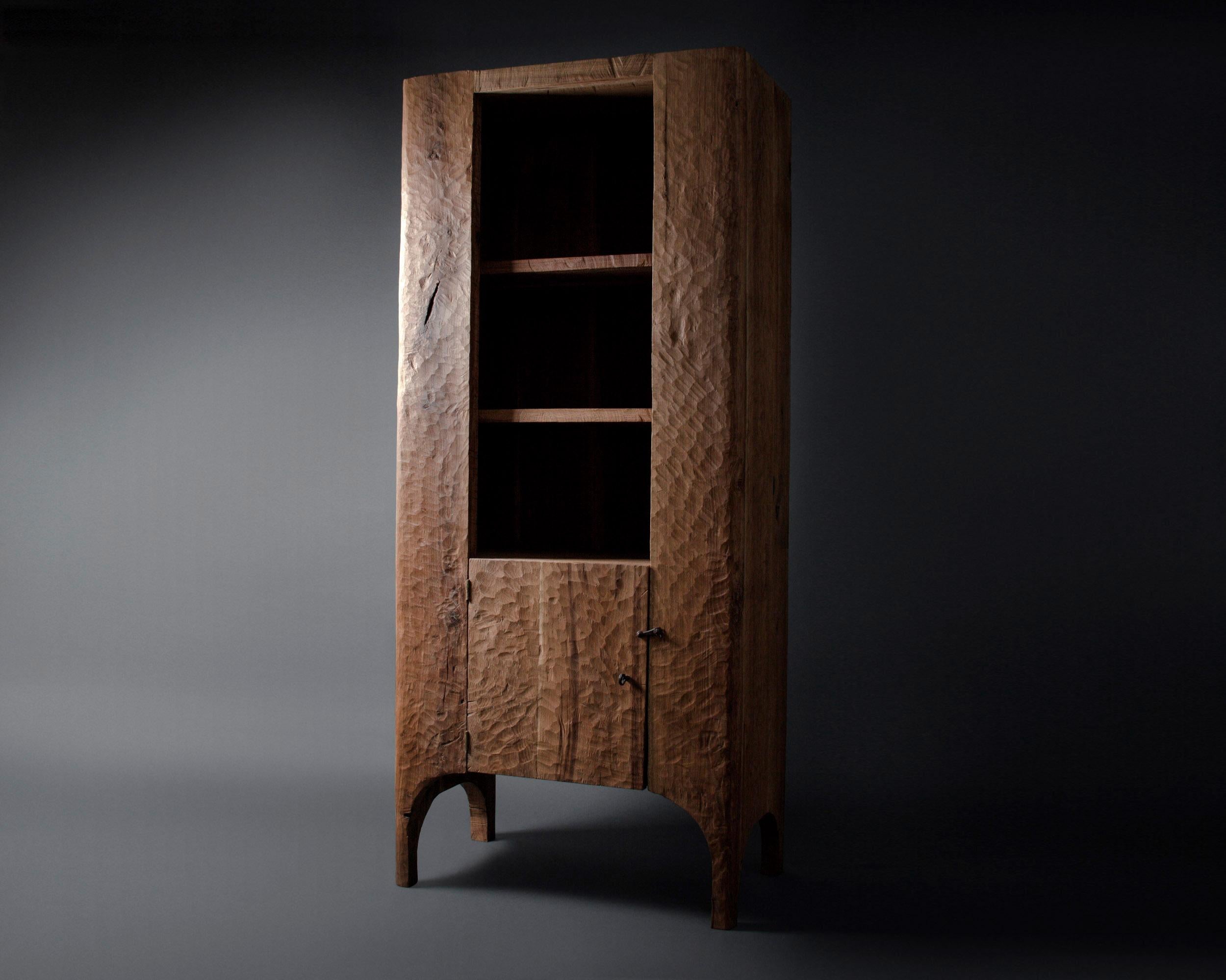 Brutalist Contemporary Sculpted Cupboard/Bookcase in Solid Oak For Sale