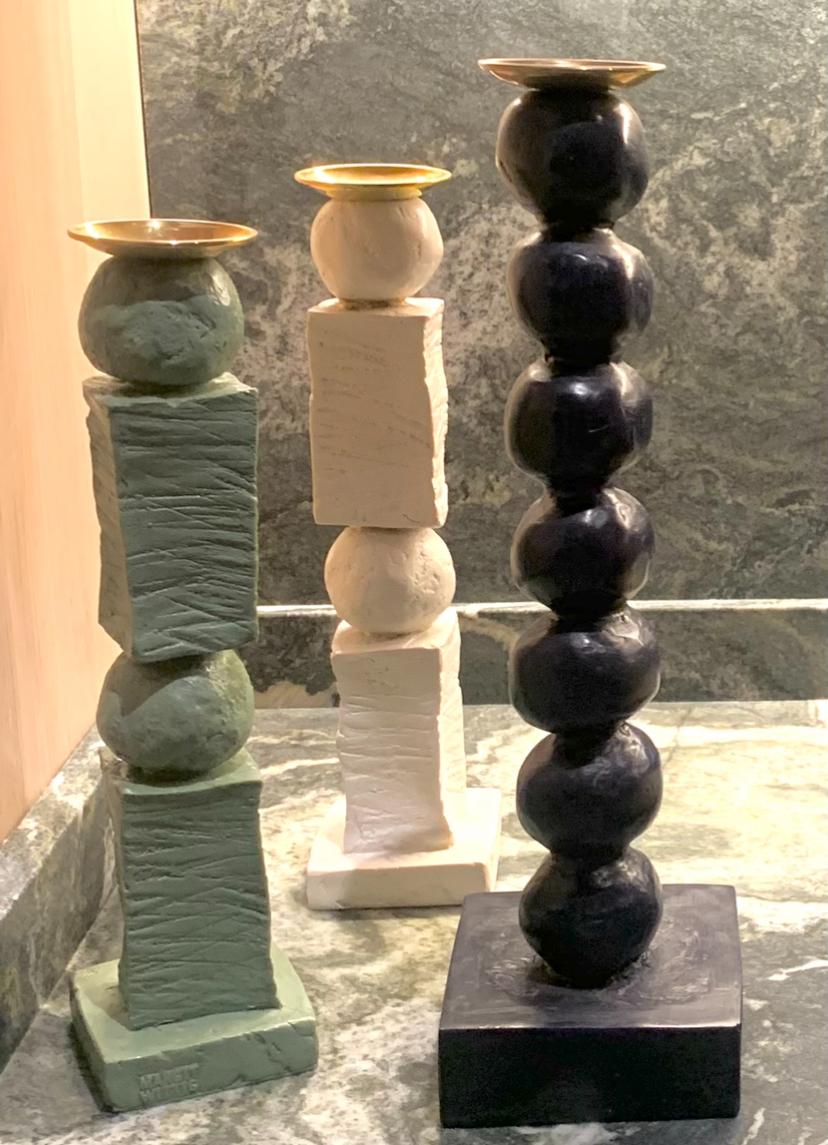 Cast Contemporary Sculpted Green Block & Pearl Candlestick Set by Margit Wittig For Sale