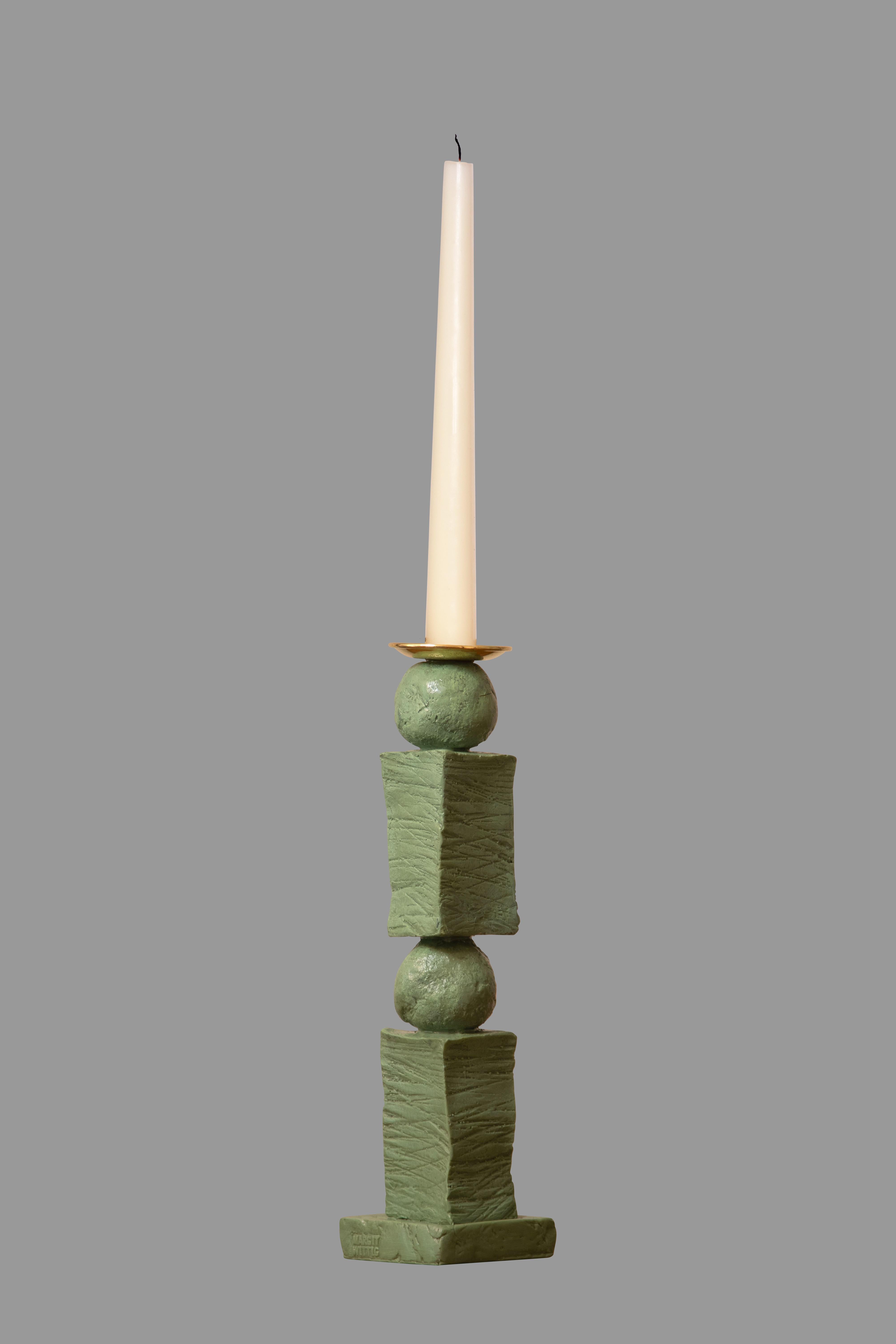 Cast Contemporary Sculpted Green Block & Pearl Candlestick Set by Margit Wittig For Sale