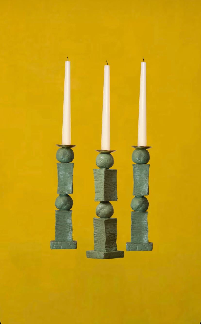 Brass Contemporary Sculpted Green Block & Pearl Candlestick Set by Margit Wittig For Sale