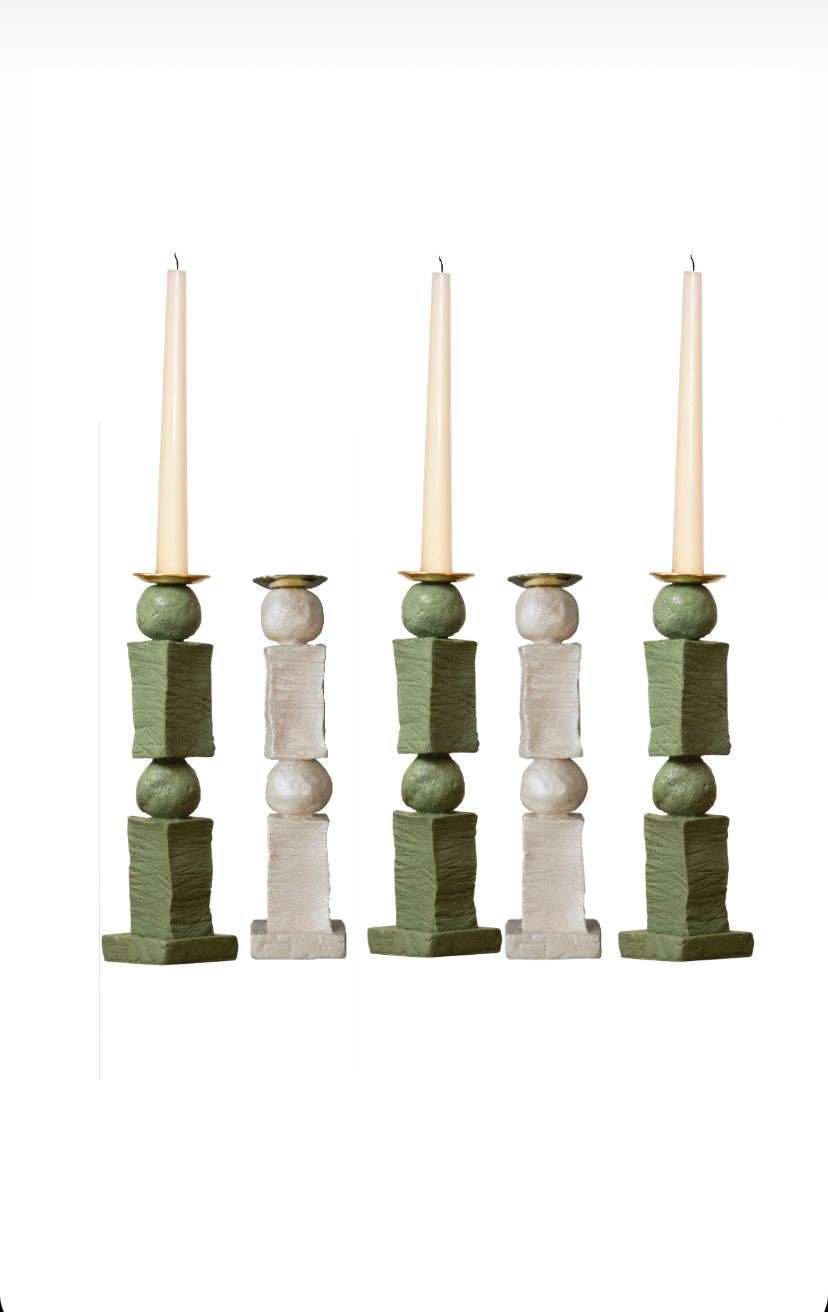 Contemporary Sculpted Green Block & Pearl Candlestick Set by Margit Wittig For Sale 1