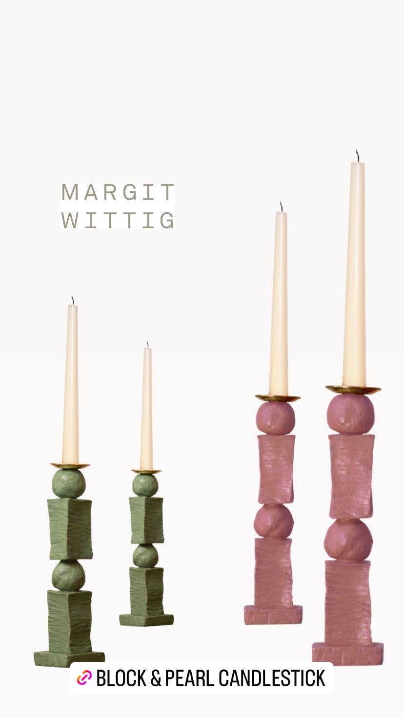 Contemporary Sculpted Green Block & Pearl Candlestick Set by Margit Wittig For Sale 2