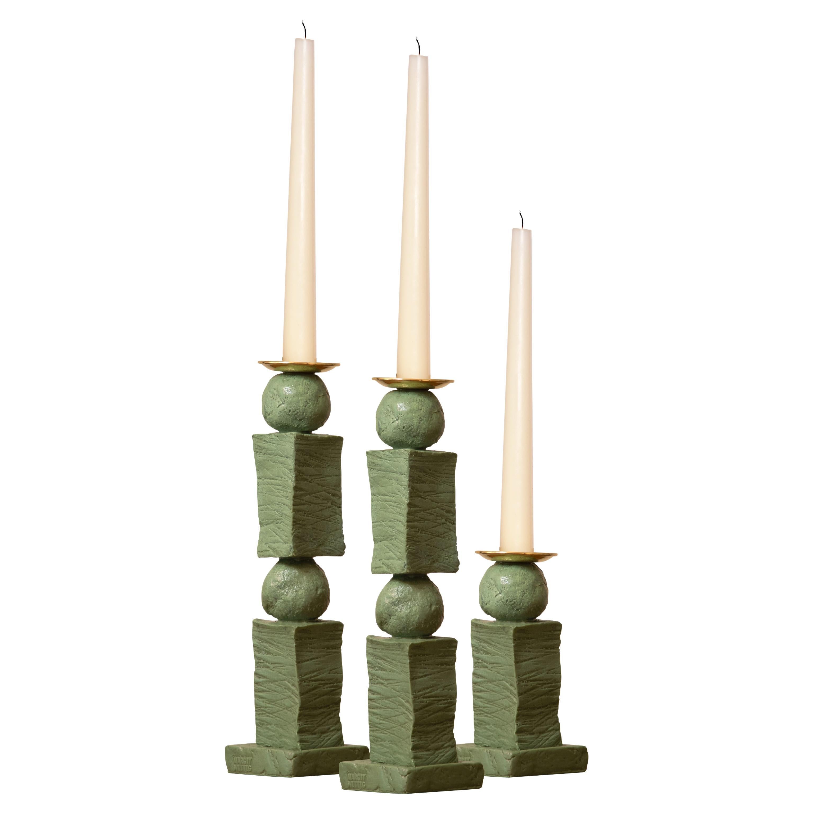 Contemporary Sculpted Green Block & Pearl Candlestick Set by Margit Wittig For Sale