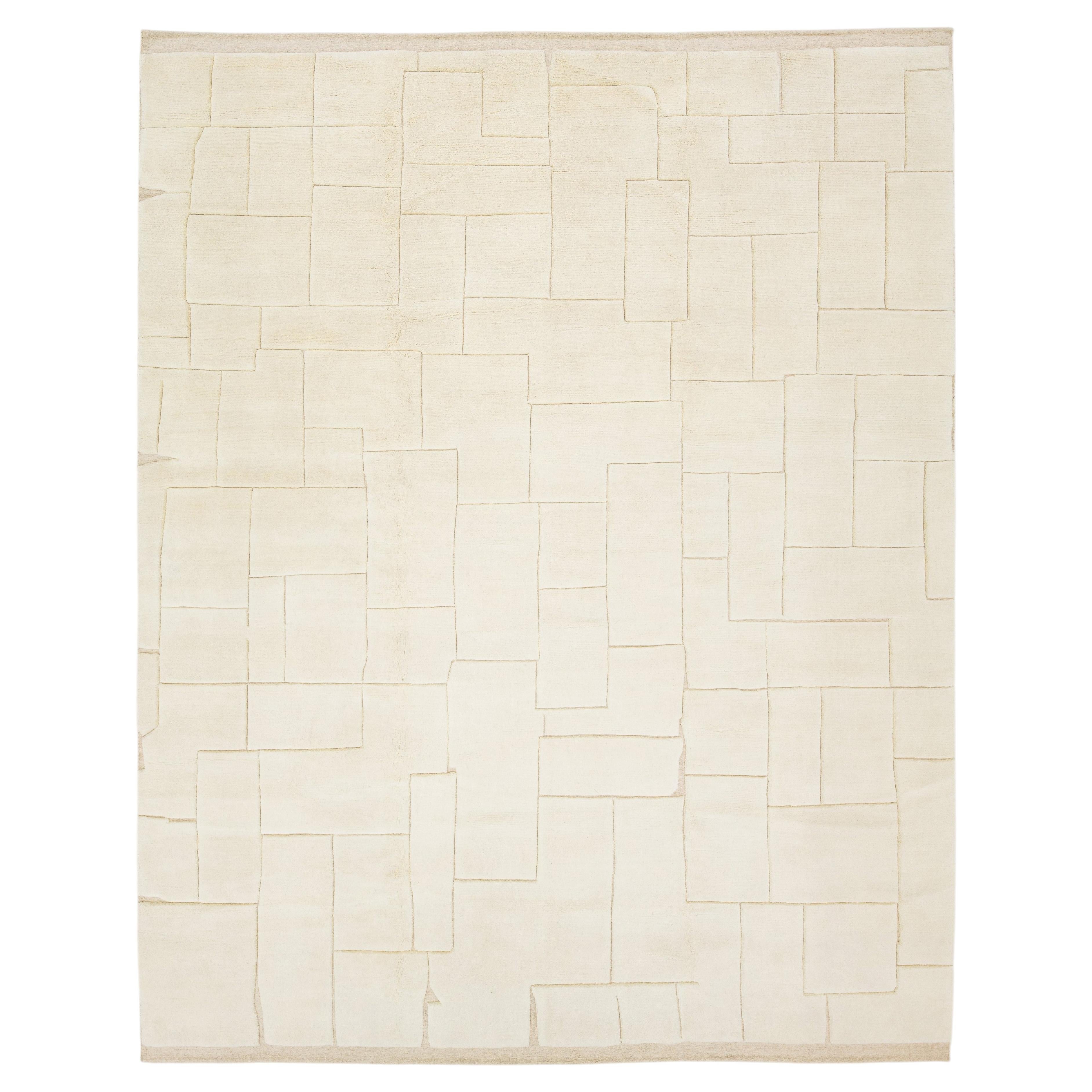 Contemporary Sculpted Ivory Moroccan Wool Rug  Hand-Knotted Geometric High-Low