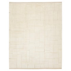 Contemporary Sculpted Ivory Moroccan Wool Rug  Hand-Knotted Geometric High-Low