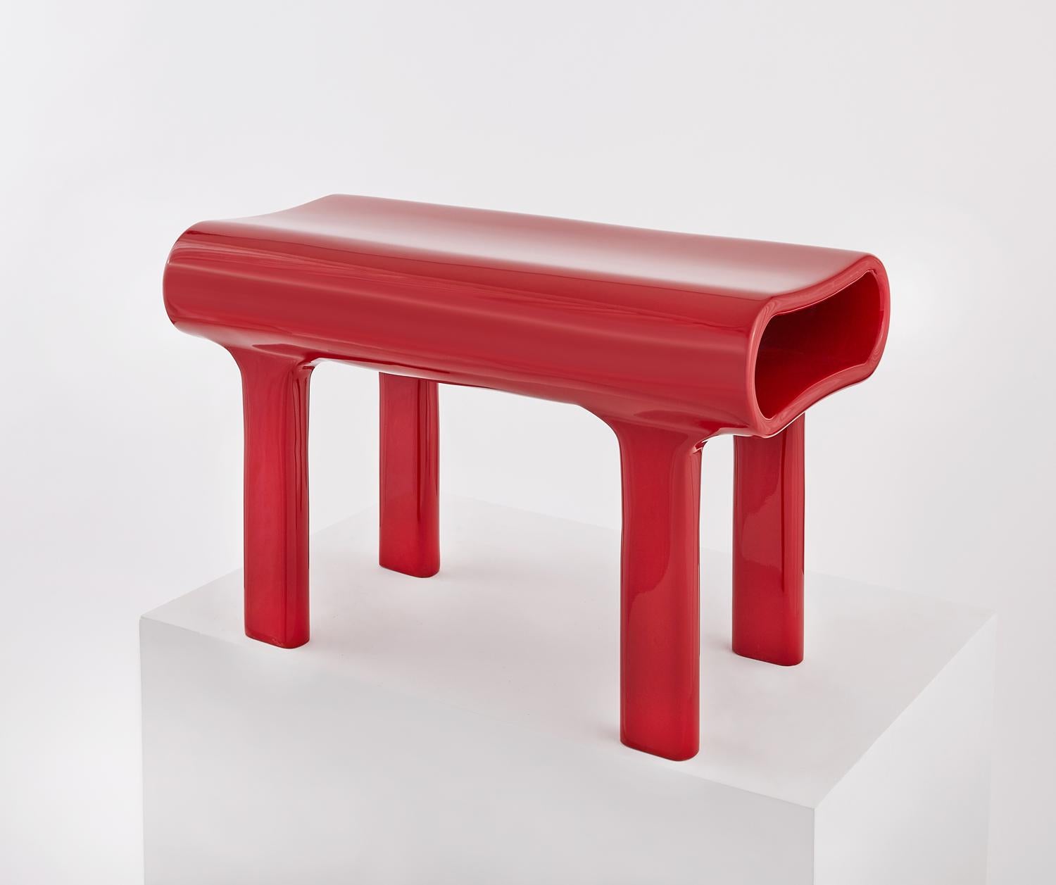 Minimalist Contemporary Sculpted Red Wood Bench with Acrylic Finish For Sale