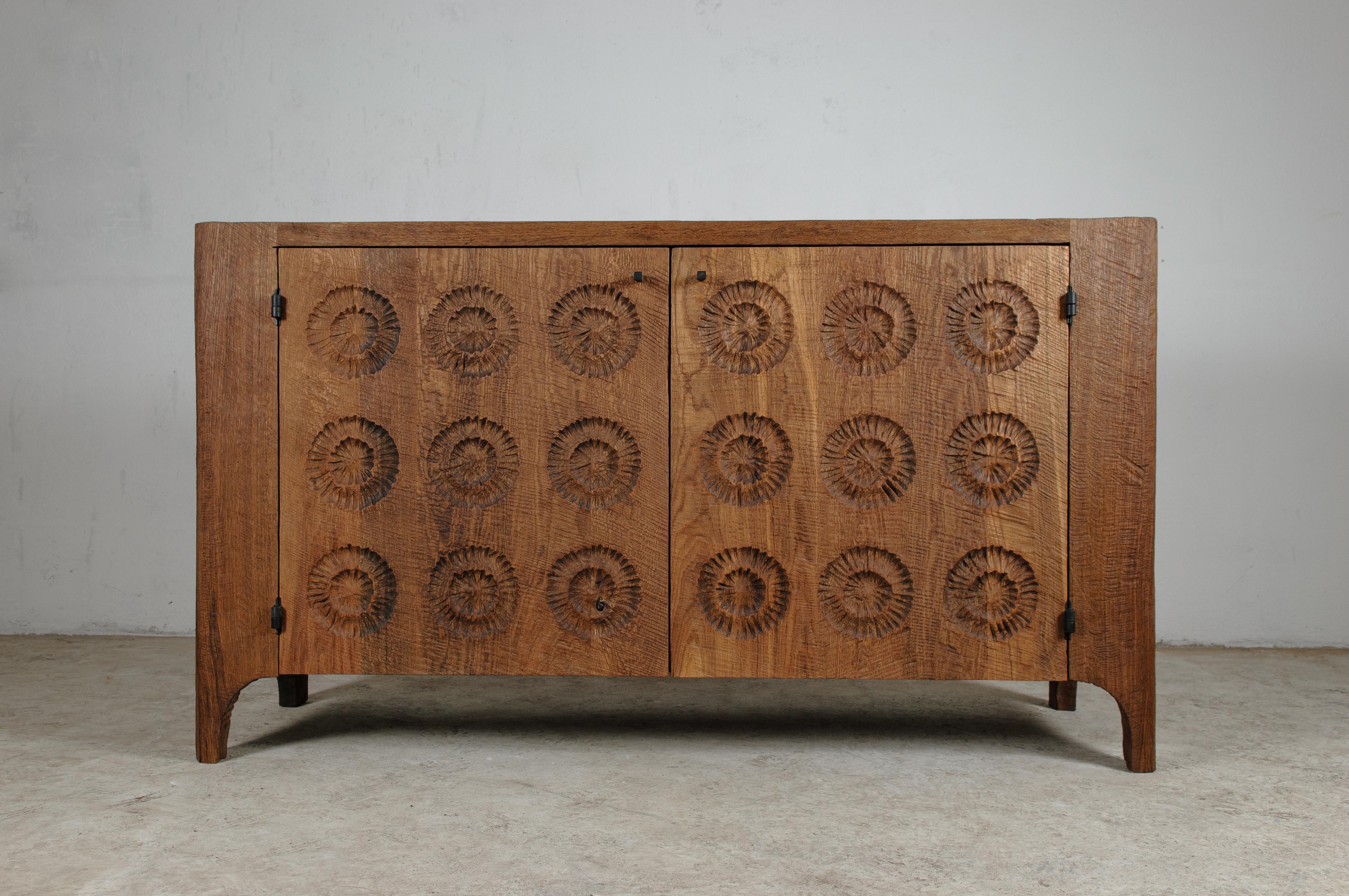 Brutalist Contemporary Sculpted Sideboard in Solid Oak and Linseed Oil For Sale