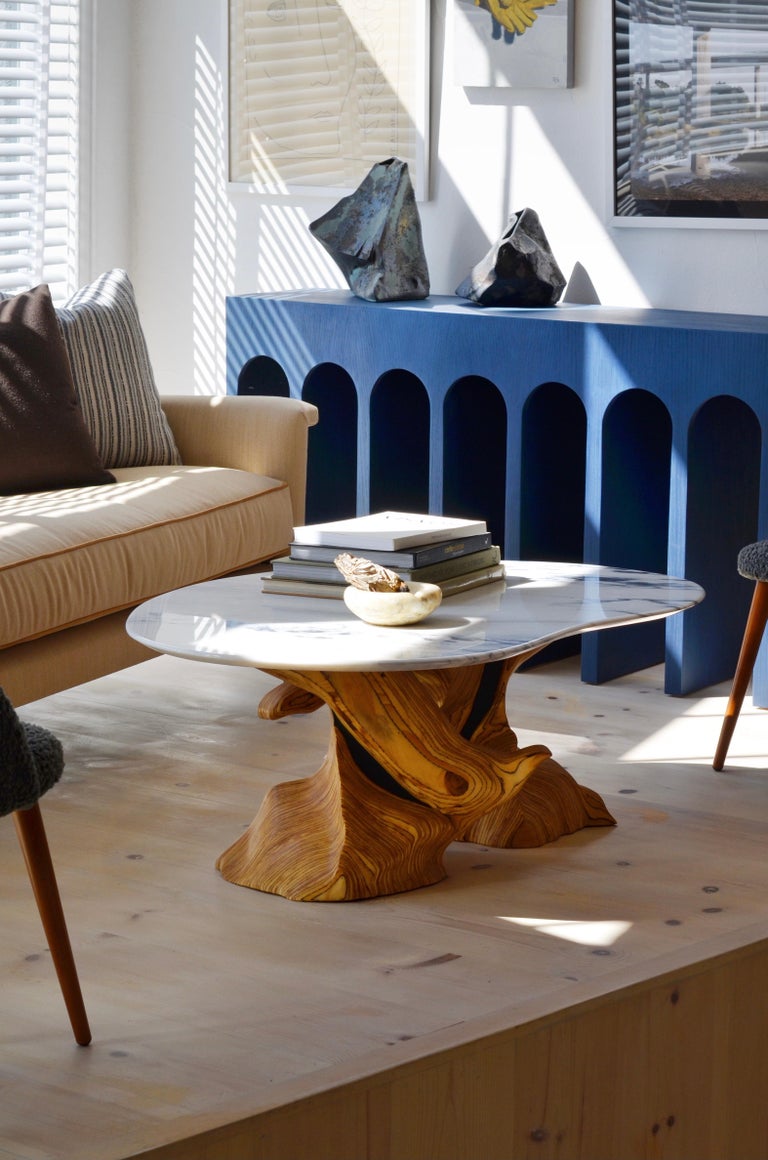 Contemporary Sculpted Wooden Coffee Table with Asymmetrical Marble Top