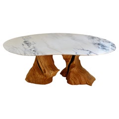 Contemporary Sculpted Wooden Coffee Table with Asymmetrical Marble Top