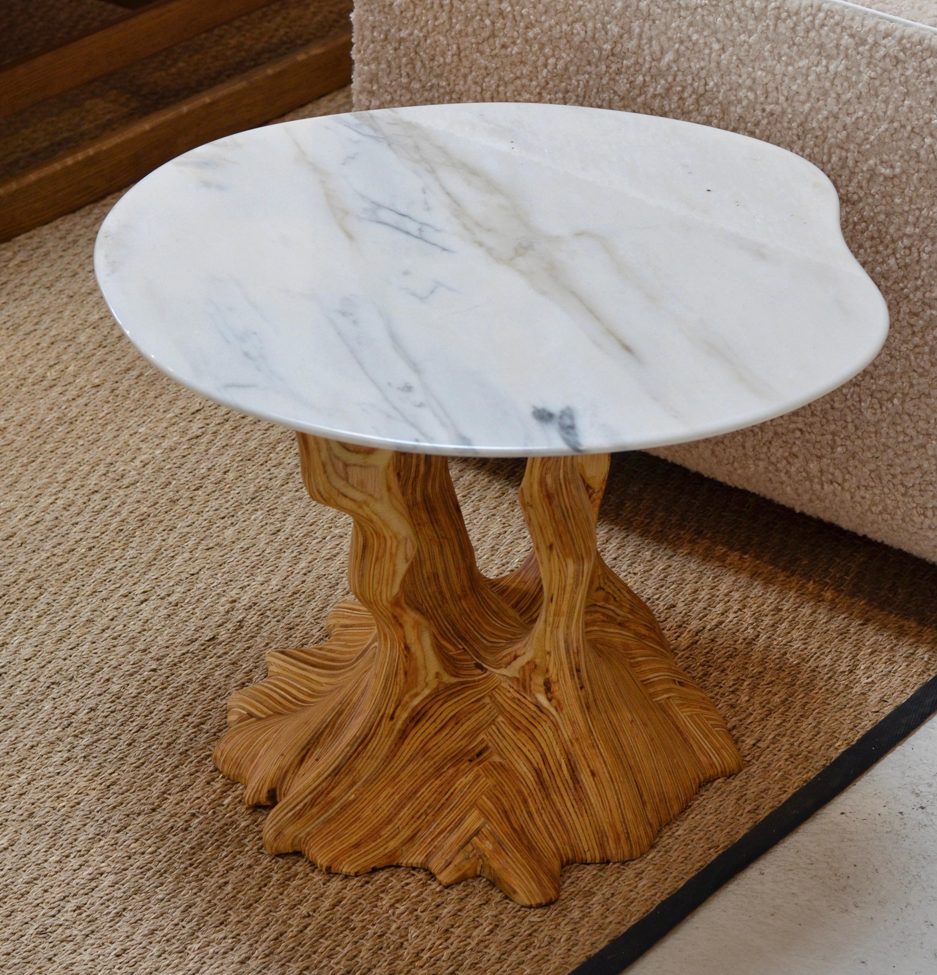 Limited Edition side table featuring a Pele De Tigre marble top and base sculpted from layered maple plywood. One of a kind.