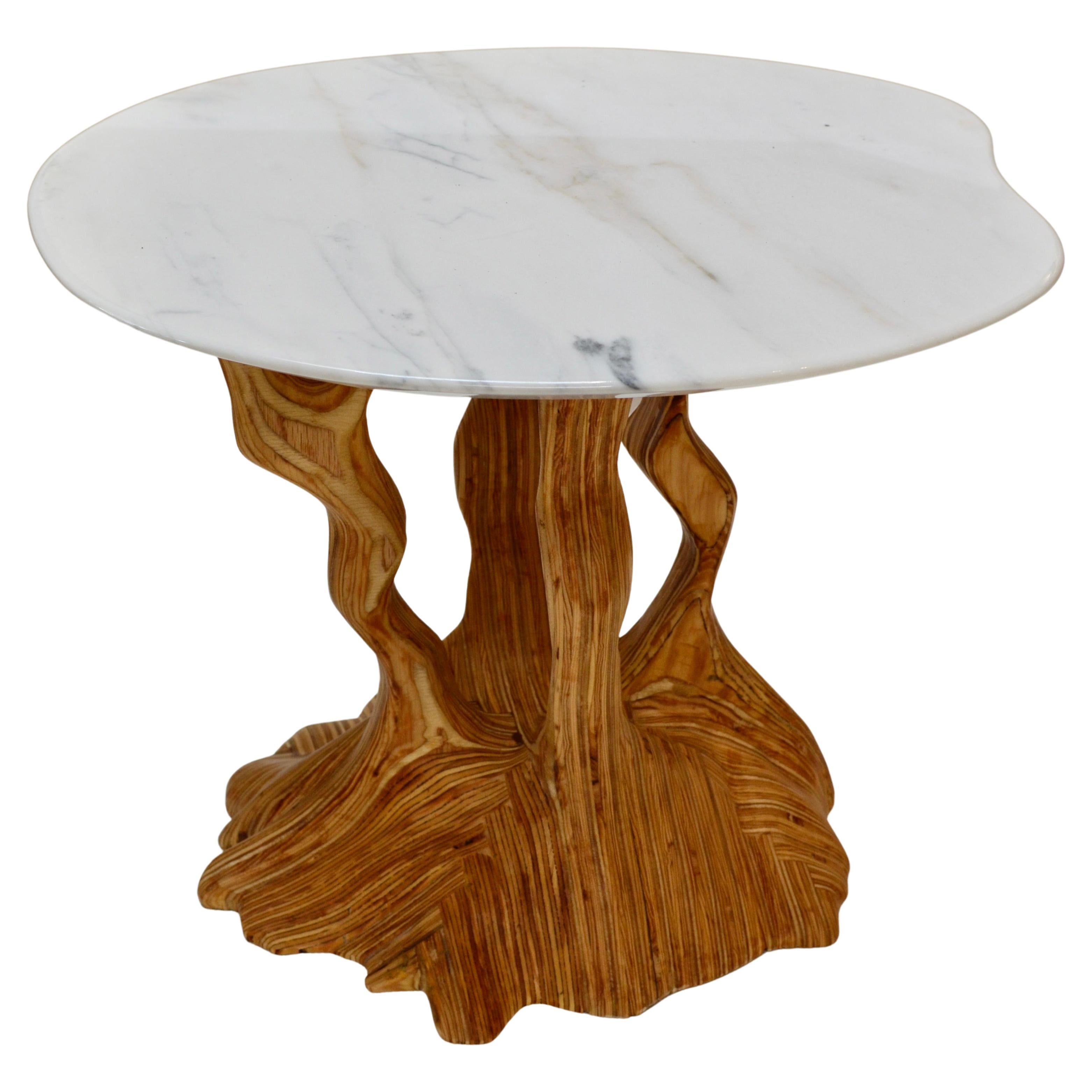Contemporary Sculpted Wooden Side Table with Asymmetrical Marble Top