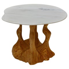 Contemporary Sculpted Wooden Side Table with Asymmetrical Marble Top