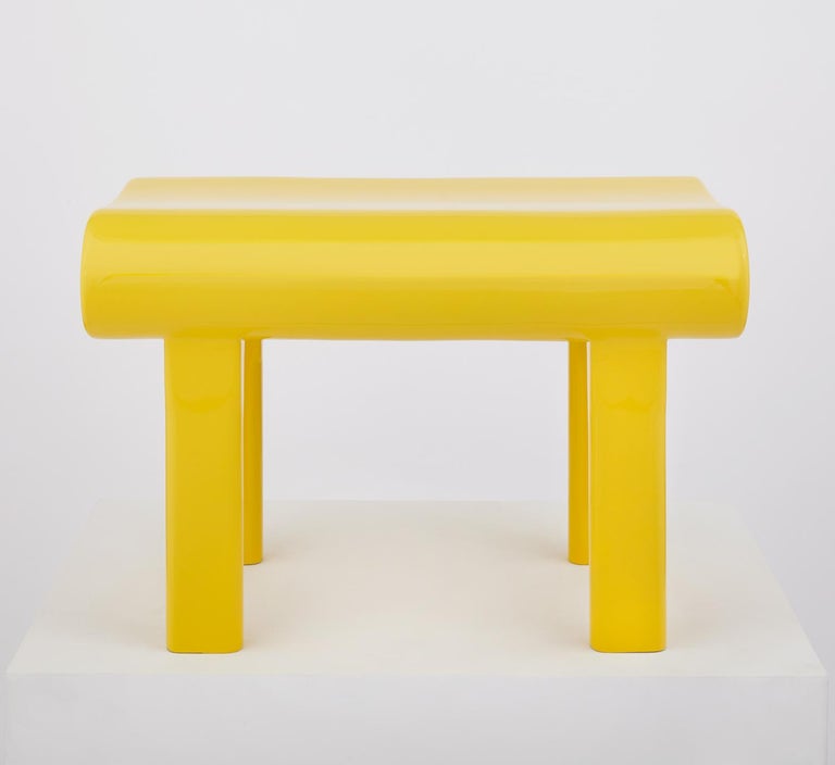 Contemporary Sculpted Yellow Wood Bench with Acrylic Finish For Sale at