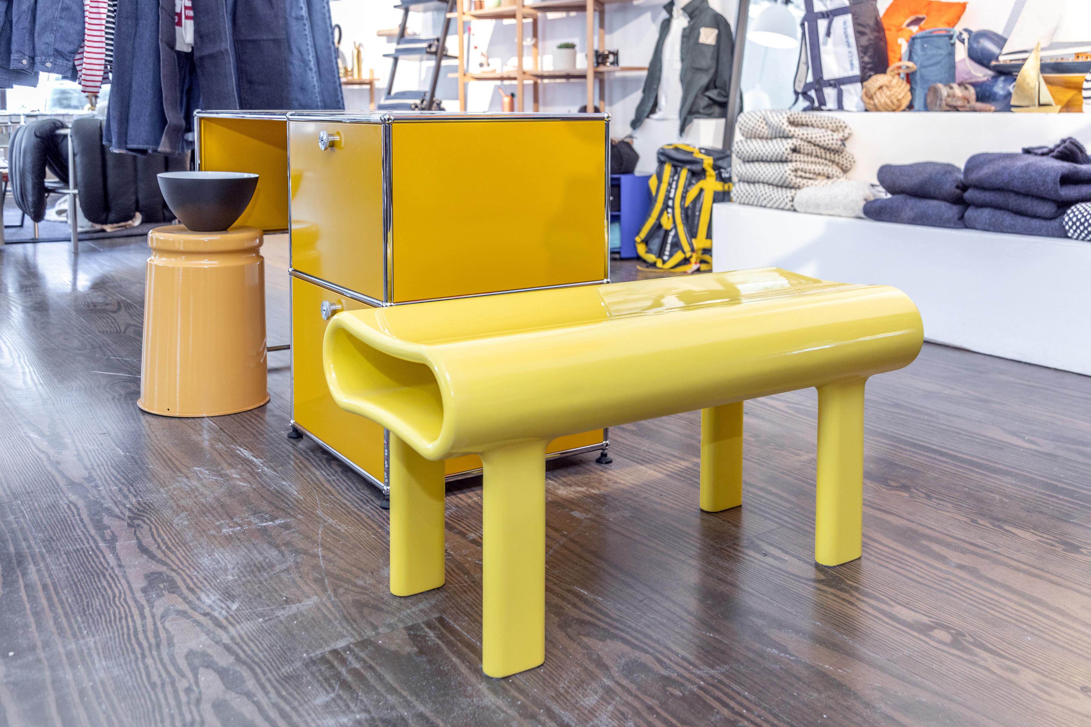 Minimalist Contemporary Sculpted Yellow Wood Bench with Acrylic Finish For Sale