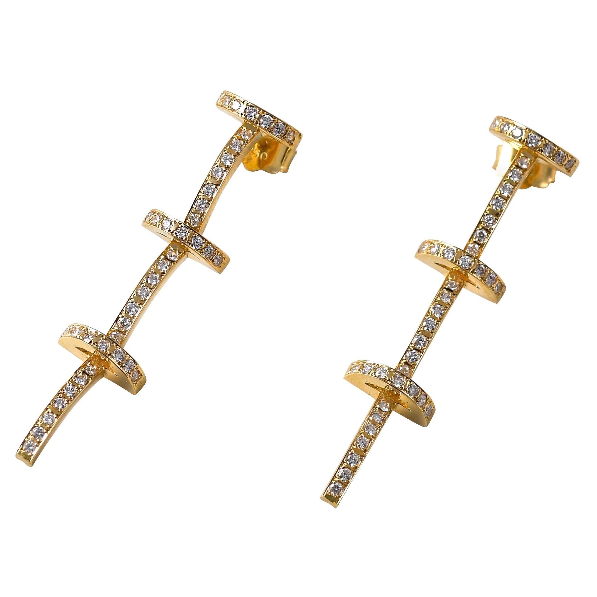 Contemporary Sculptural 18K Yellow Gold and White Diamond Long T Drop Earrings For Sale