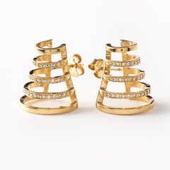 Contemporary Sculptural 18K Yellow Gold and White Diamond Multi Hoop Earrings