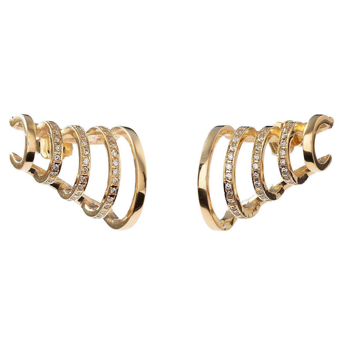 Contemporary Sculptural 18K Yellow Gold and White Diamond Multi Hoop Earrings 
