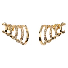 Contemporary Sculptural 18K Yellow Gold and White Diamond Multi Hoop Earrings 