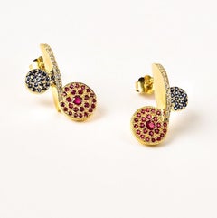Contemporary, Sculptural 18K Yellow Gold Diamond, Blue Sapphire & Ruby Earrings