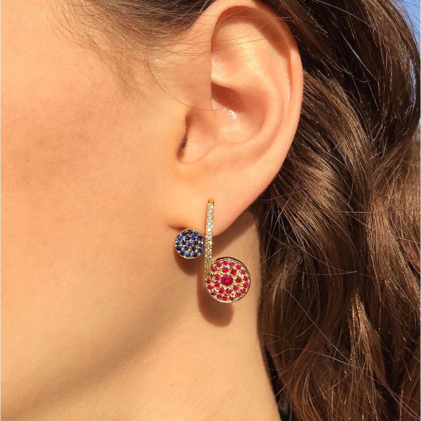 Round Cut Contemporary, Sculptural 18K Yellow Gold Diamond, Blue Sapphire & Ruby Earrings For Sale