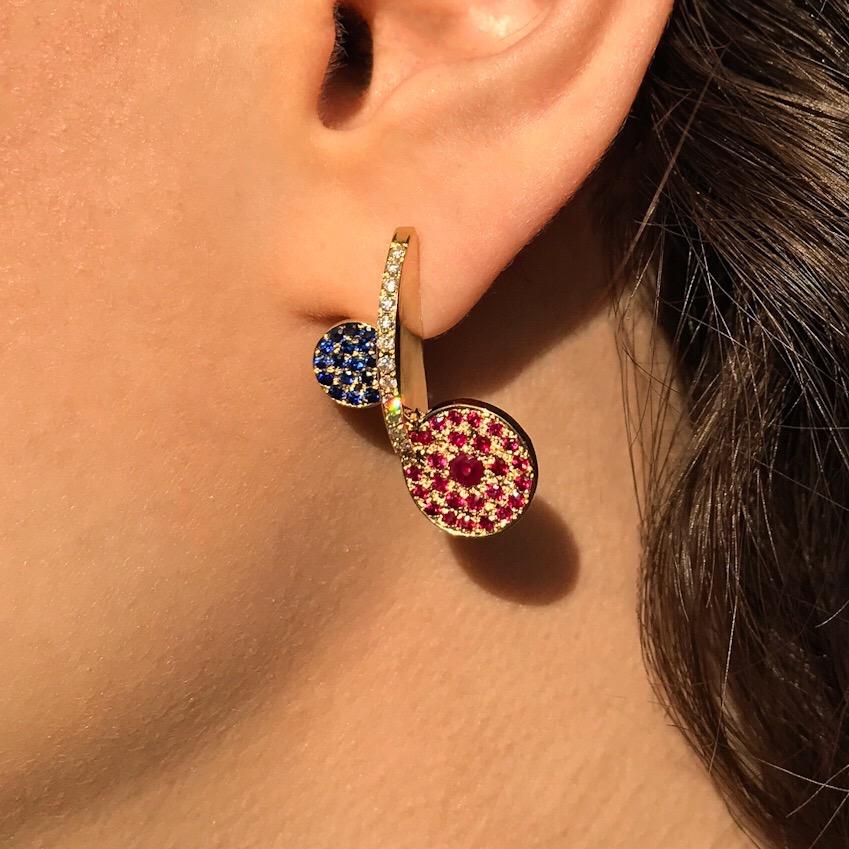 Contemporary, Sculptural 18K Yellow Gold Diamond, Blue Sapphire & Ruby Earrings In New Condition For Sale In Nicosia, CY