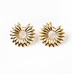 Contemporary Sculptural 18K Yellow Gold Grain Hoop Earrings, Spike Clip on Hoops