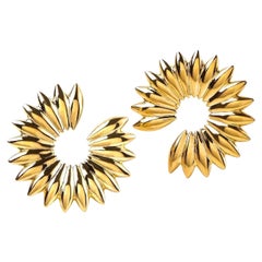 Contemporary Sculptural 18K Yellow Gold Grain Hoop Earrings, Spike Clip on Hoops