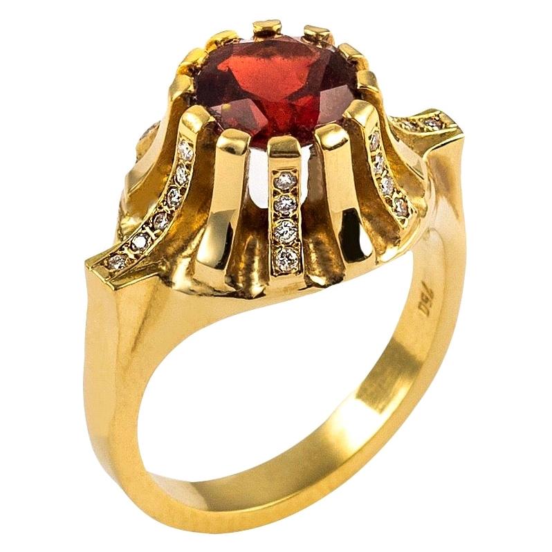 Contemporary Sculptural 18K Yellow Gold Red Garnet White Diamond Solitaire Ring