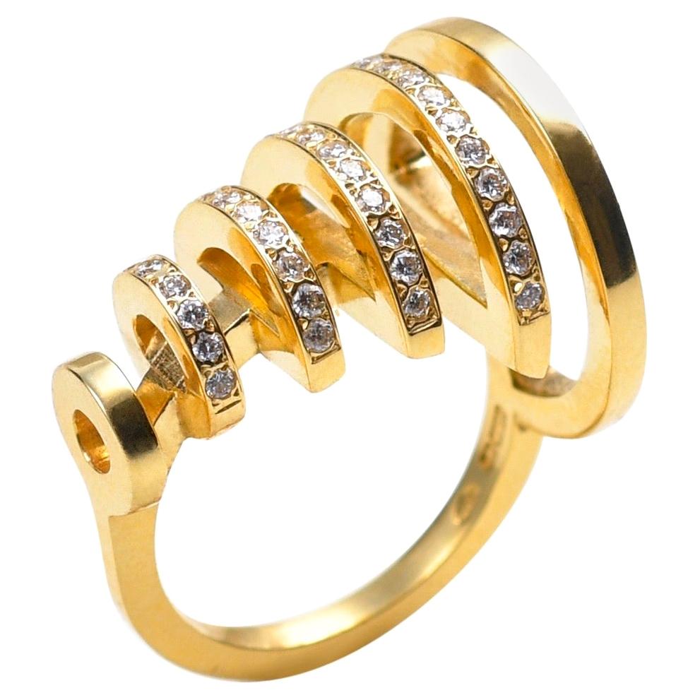 Contemporary, Sculptural 18k Yellow Gold White Diamond Ring, Modern Diamond Ring