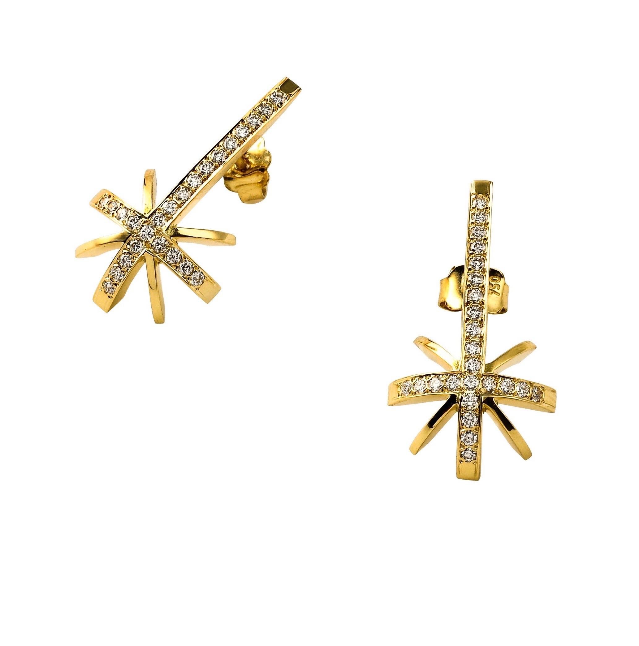 The ‘Shooting Star’, earrings are crafted in 18K yellow gold hallmarked in Cyprus. These impressive sculptural earrings come in a highly polished finish and feature a total of 0,48 Cts white, VS Diamonds. 
The ‘Shooting Star’, earrings are part of