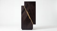Contemporary Sculptural Bar Cabinet in Geometric Ebony Wood Marquetry and Brass