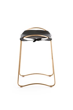 Contemporary Sculptural Bar Stool, Aged Brass Metal & Black Leather Sample