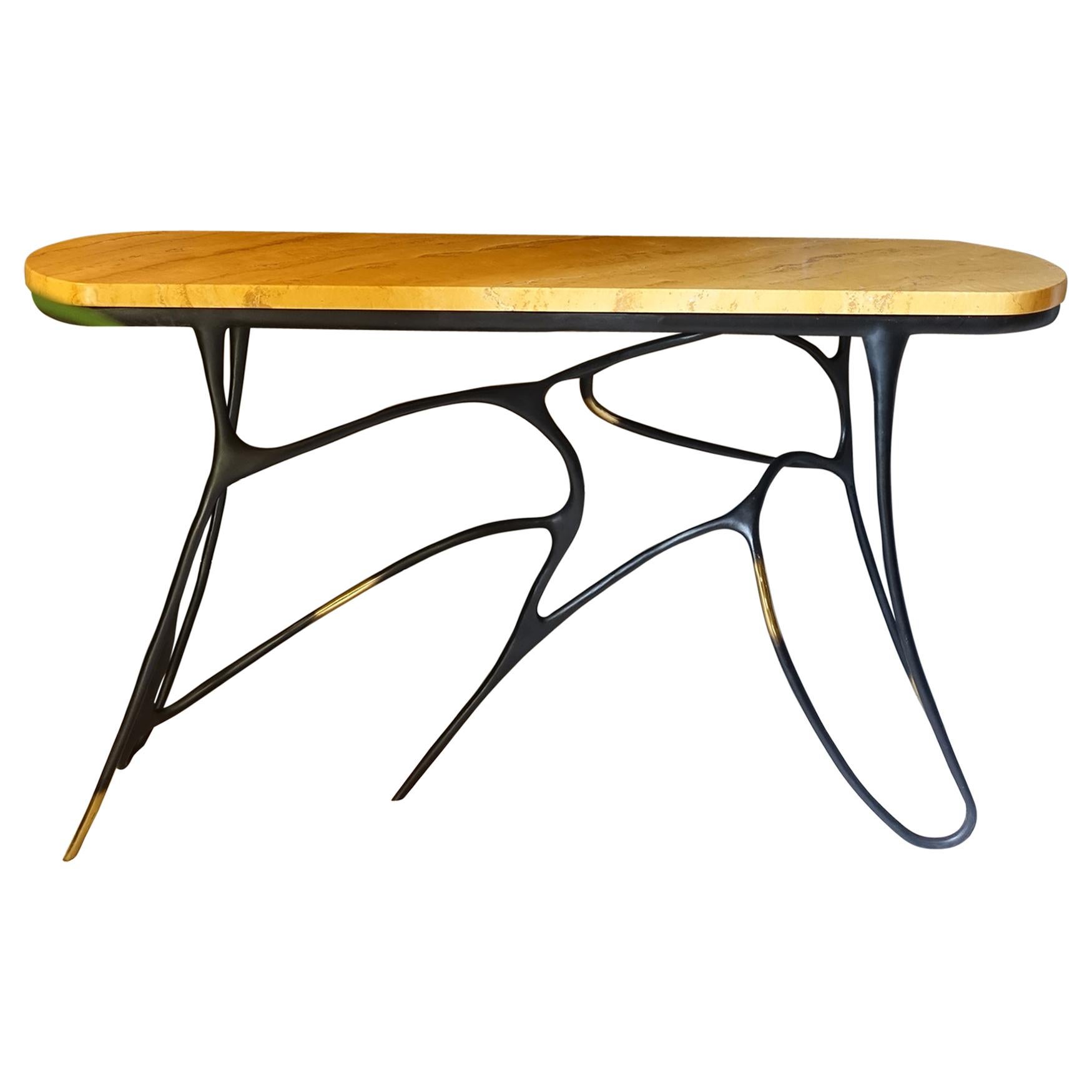 Contemporary Sculptural Black Brass Console, Turkish Yellow Marble Top