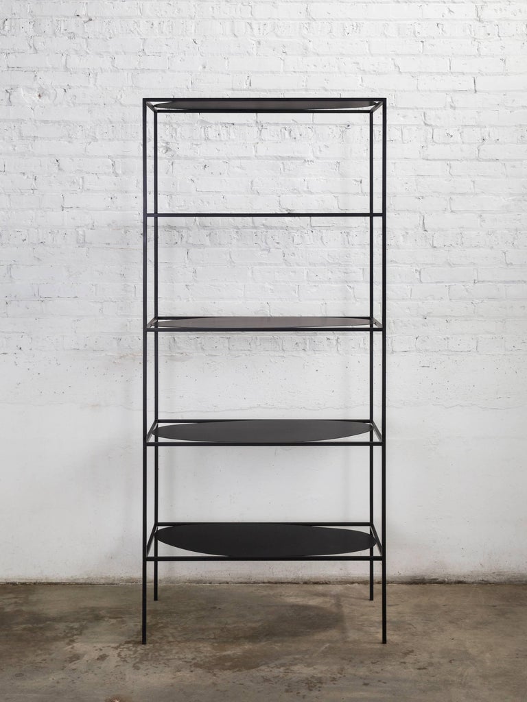 Contemporary Sculptural Black Steel Etagere Bookcase Storage Shelf Pair