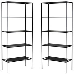 Contemporary Sculptural Black Steel Etagere Bookcase Storage Shelf Pair, USA