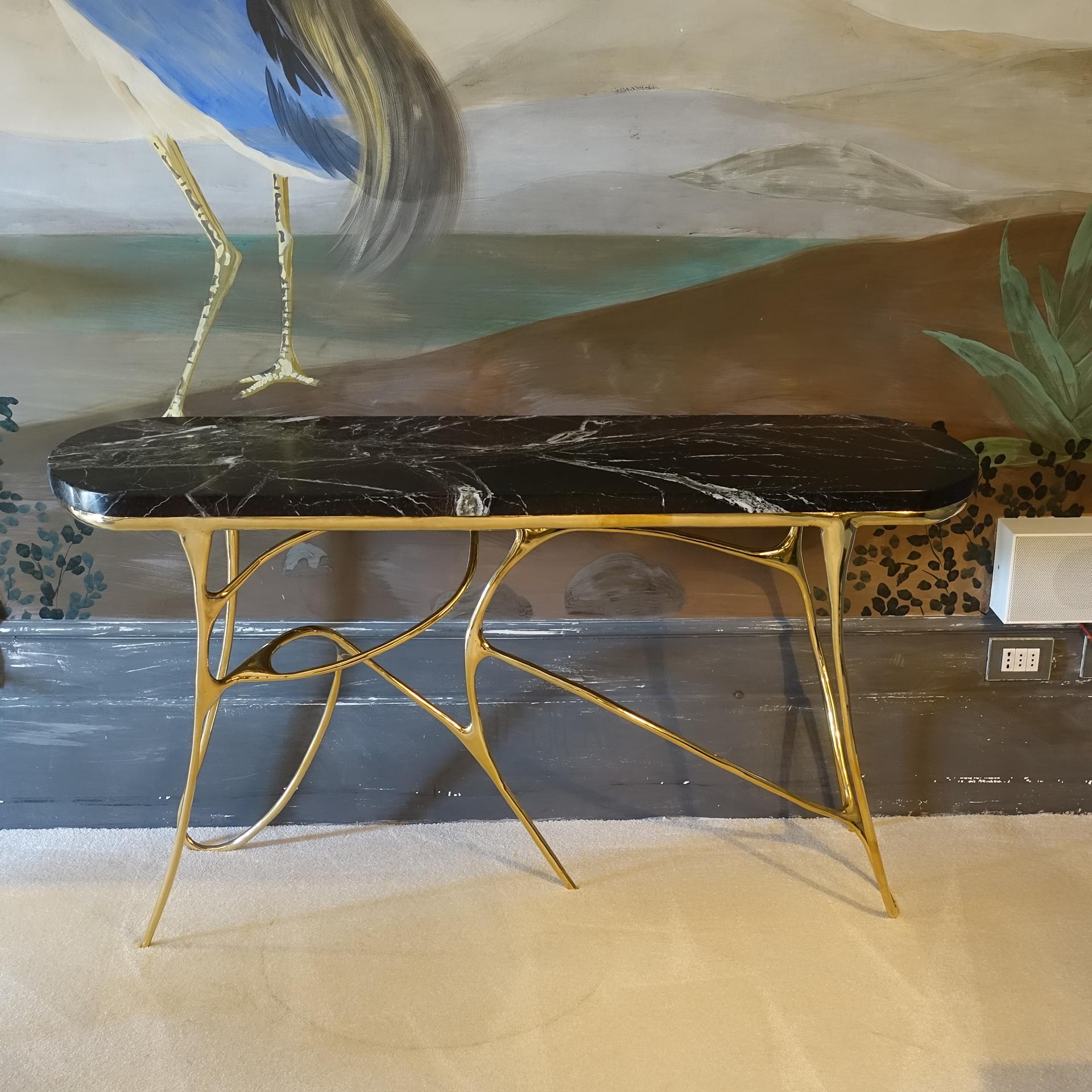 Italian Contemporary Sculptural Brass Console and Red Levanto Marble Top